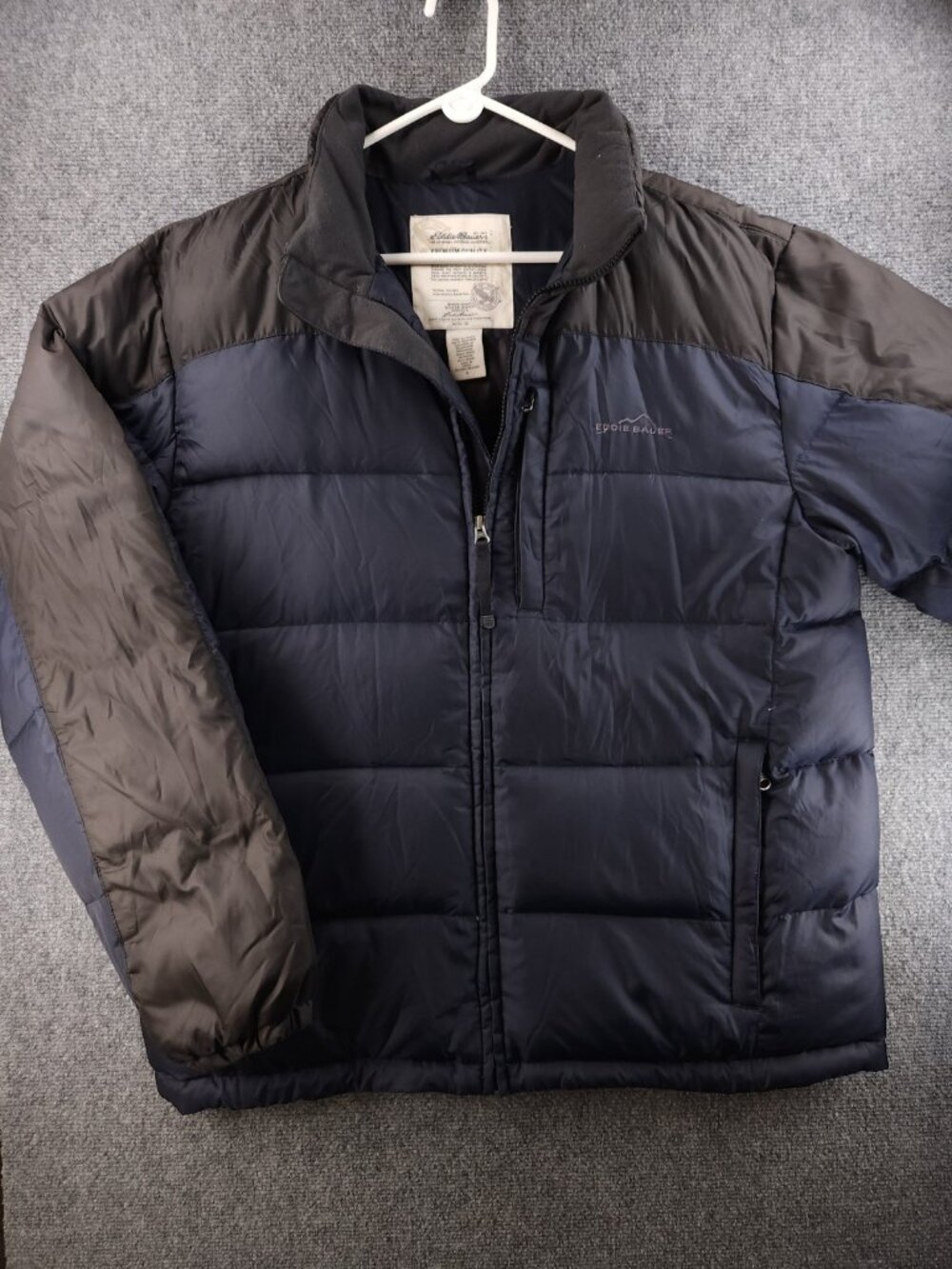 Eddie Bauer Goose Down Jacket Blue Gray Puffer Insulated Full Zip Logo Men